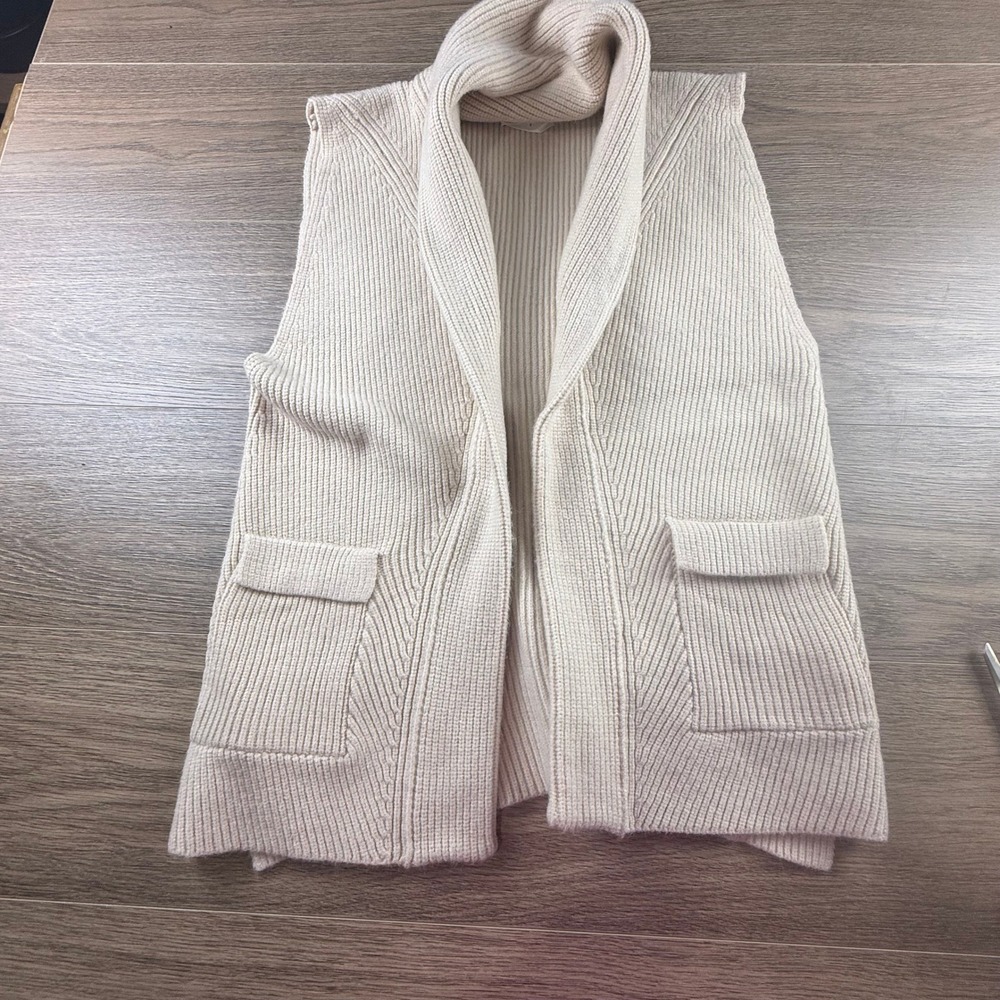 Goodnight Macaroon Cream Ribbed Knit Shawl Collar Open Front Vest Cardigan Small